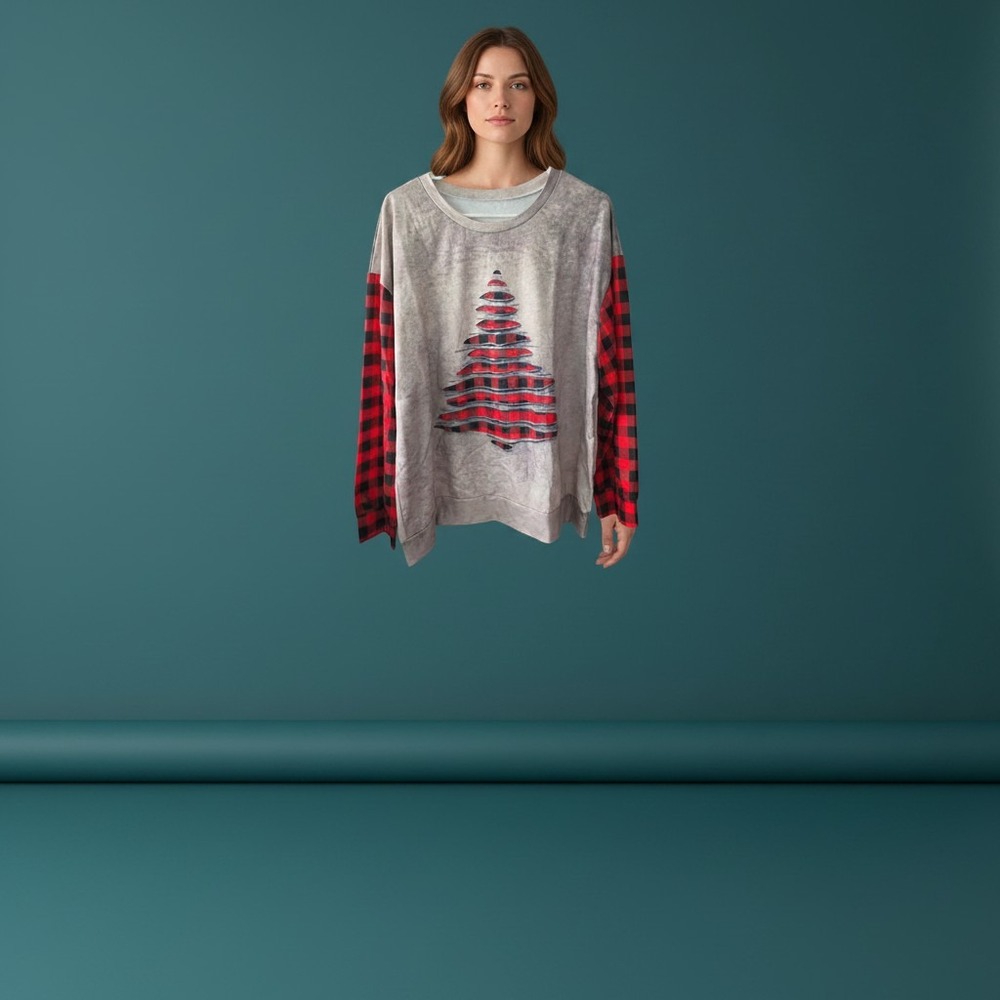 Unbranded Christmas Tree Sweatshirt Women 1XL Grey Red Plaid Excellent Holiday
